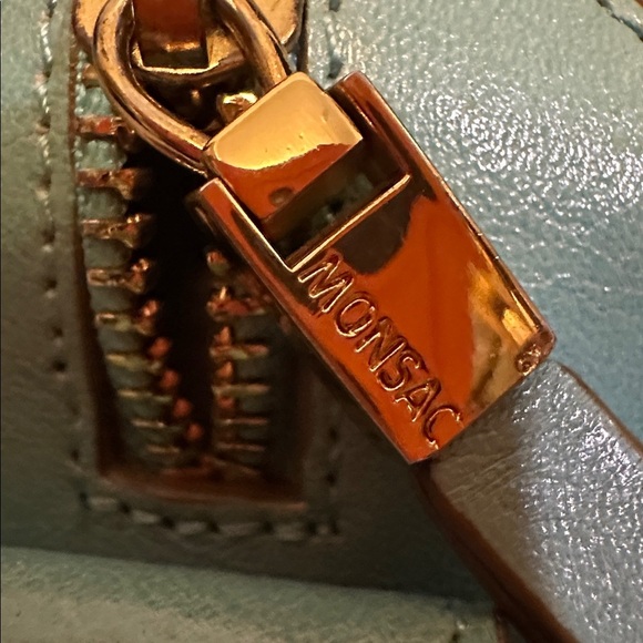 MONSAC Blue Genuine Leather Gold Accent Mini Barrel Bag with Bamboo Handles - Picture 4 of 9